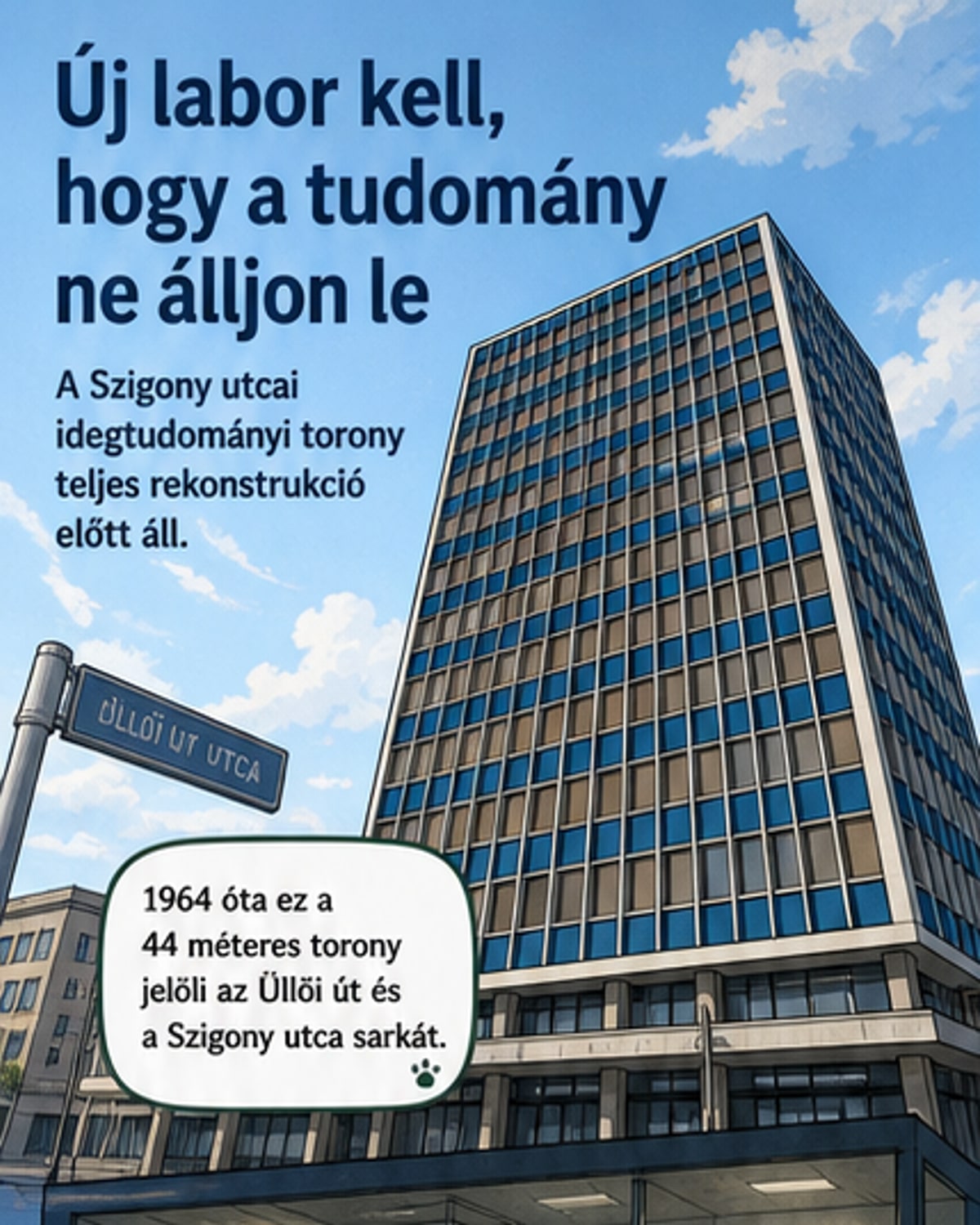 A Budapesti Idegtudományi és Pszichiátriai Intézet toronyépülete az Üllői út és a Szigony utca sarkán, 1964-ben épült, most pedig mellette új laborépület terve látható.