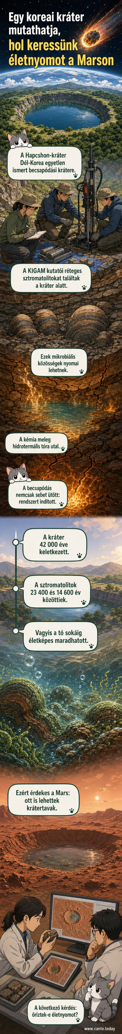Illusztráció: mélyben meleg víz áramlik egy kráter alján, mikrobák réteges sztromatolitot építenek, a felszínen aszteroida becsapódás nyomai láthatók.