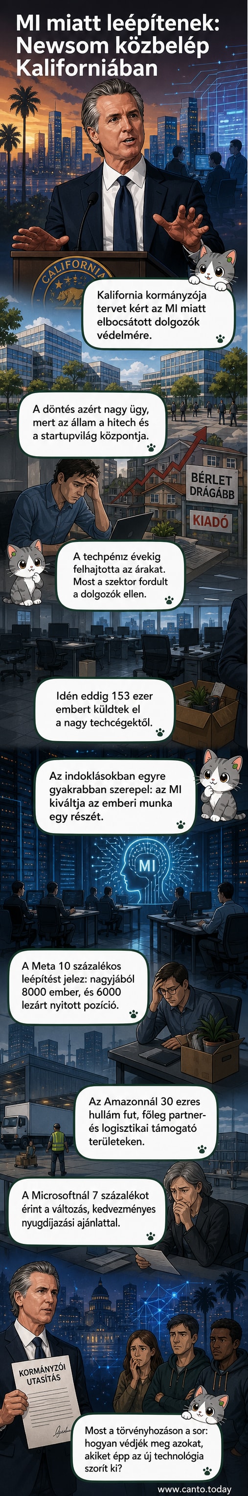 Kalifornia térképe előtt álló kormányzó és háttérben MI ikonok, előtérben elbocsátott munkavállalók
