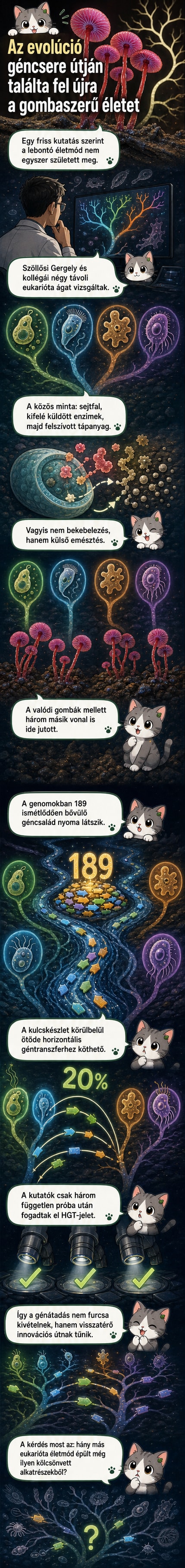 Illusztráció: mikroszkopikus sejtek között génátvitel történik, háttérben evolúciós fák és gombaszerű struktúrák