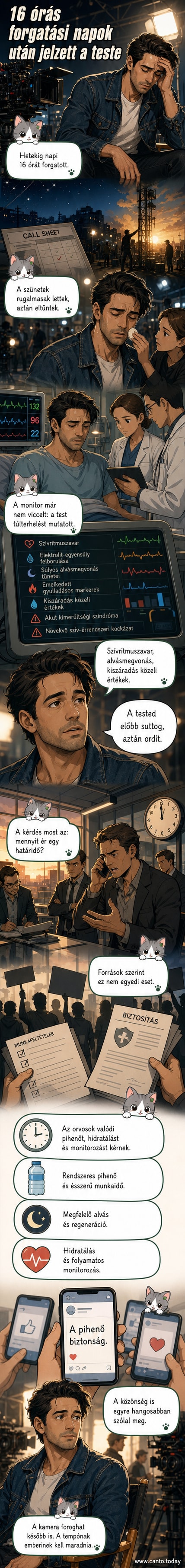 Egy kimerült színész ül a díszlet szélén, orvosi dokumentumokkal a kezében, körülötte elmosódott filmfelszerelésekkel.