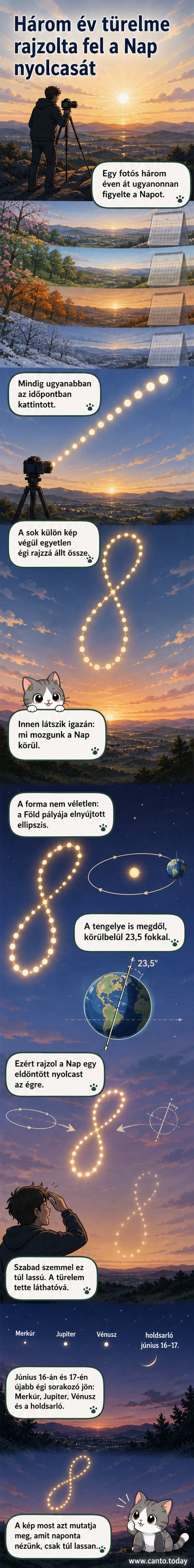 Egy kompozitfelvétel, amelyen a Nap látszólagos helyzete évenként egy elnyújtott nyolcas alakzatot rajzol ki az égen, a Föld mozgásának köszönhetően.
