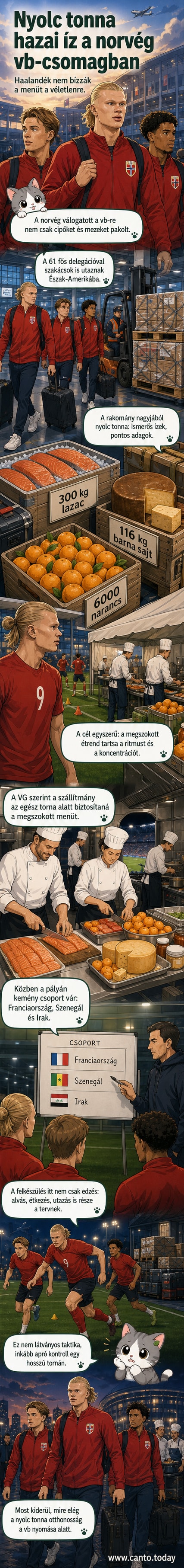 Norvég focisták, köztük Erling Haaland és Oscar Bobb, a repülőgép mellett állnak, mögöttük hatalmas élelmiszer-szállítmány látható.
