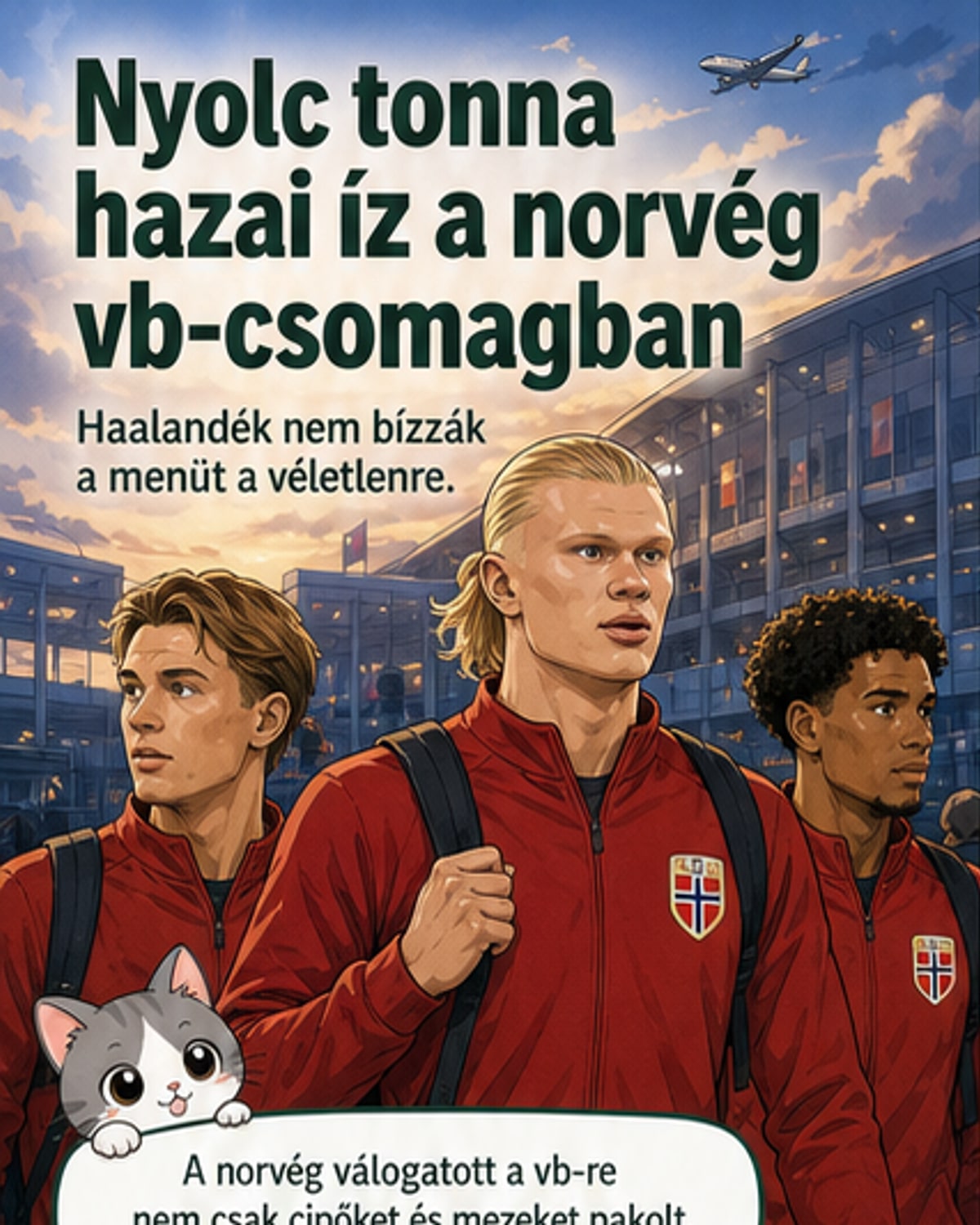 Norvég focisták, köztük Erling Haaland és Oscar Bobb, a repülőgép mellett állnak, mögöttük hatalmas élelmiszer-szállítmány látható.