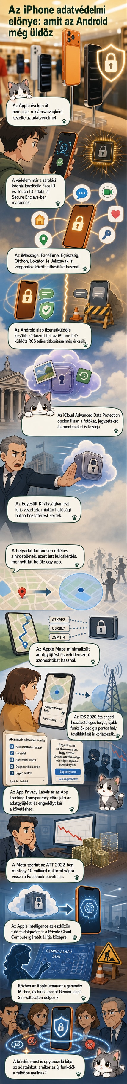 iPhone és Android telefonok egymással szemben, középen zárolt tálca szimbólummal, adatvédelmi különbségeket jelképezve