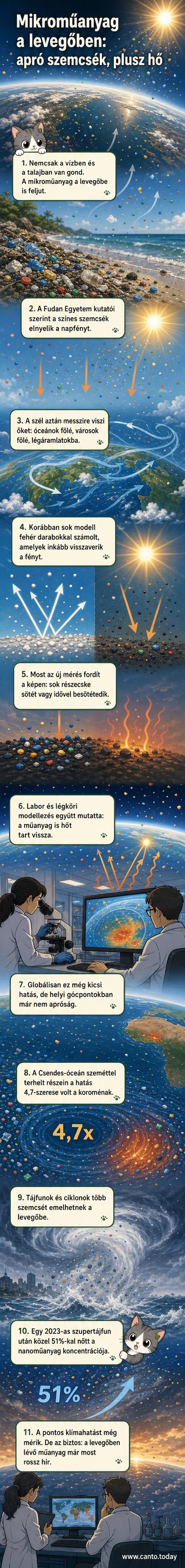 Légkörben keringő színes műanyag részecskék, amelyek napfényt nyelnek el és hőt szabadon bocsátanak, alatta a Csendes-óceán szemetes területe.