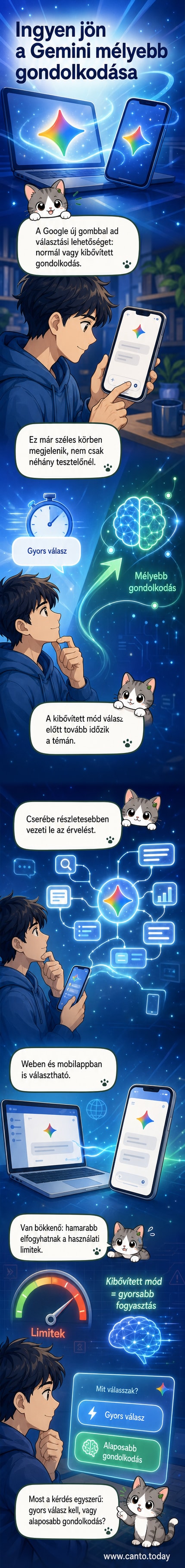 A Google Gemini felületén két gomb jelöli a normál és a kibővített gondolkodási szintet, utóbbi lassabb, de részletesebb válaszokat ad.
