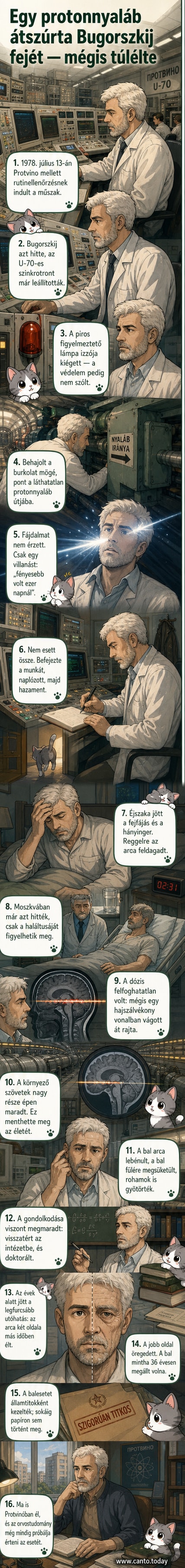 Rajzolt személy, aki a részecskegyorsító nyílásába dugja a fejét, mögötte vörös és sárga fényekkel ábrázolt protonnyaláb