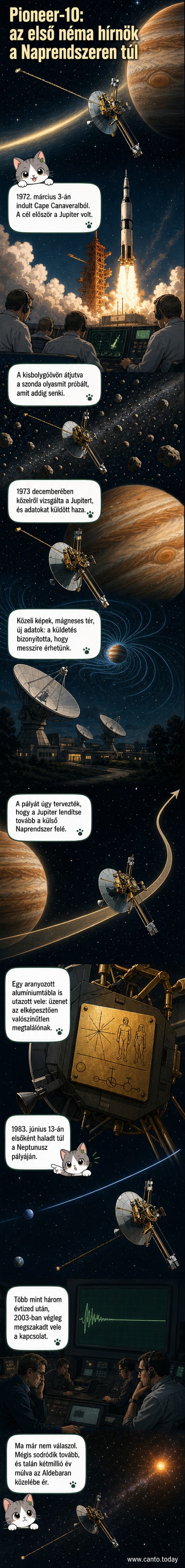 Művészi ábrázolás a Pioneer–10 űrszondáról, amint elhalad a Jupiter mellett, majd a sötét űrbe halad tovább, csillagok között.