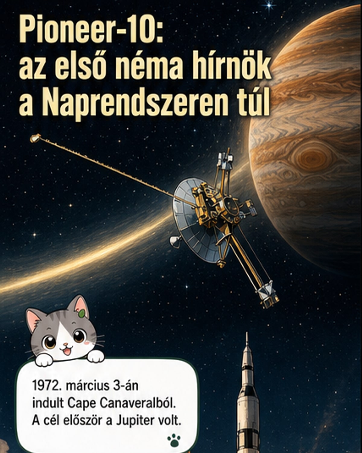 Művészi ábrázolás a Pioneer–10 űrszondáról, amint elhalad a Jupiter mellett, majd a sötét űrbe halad tovább, csillagok között.