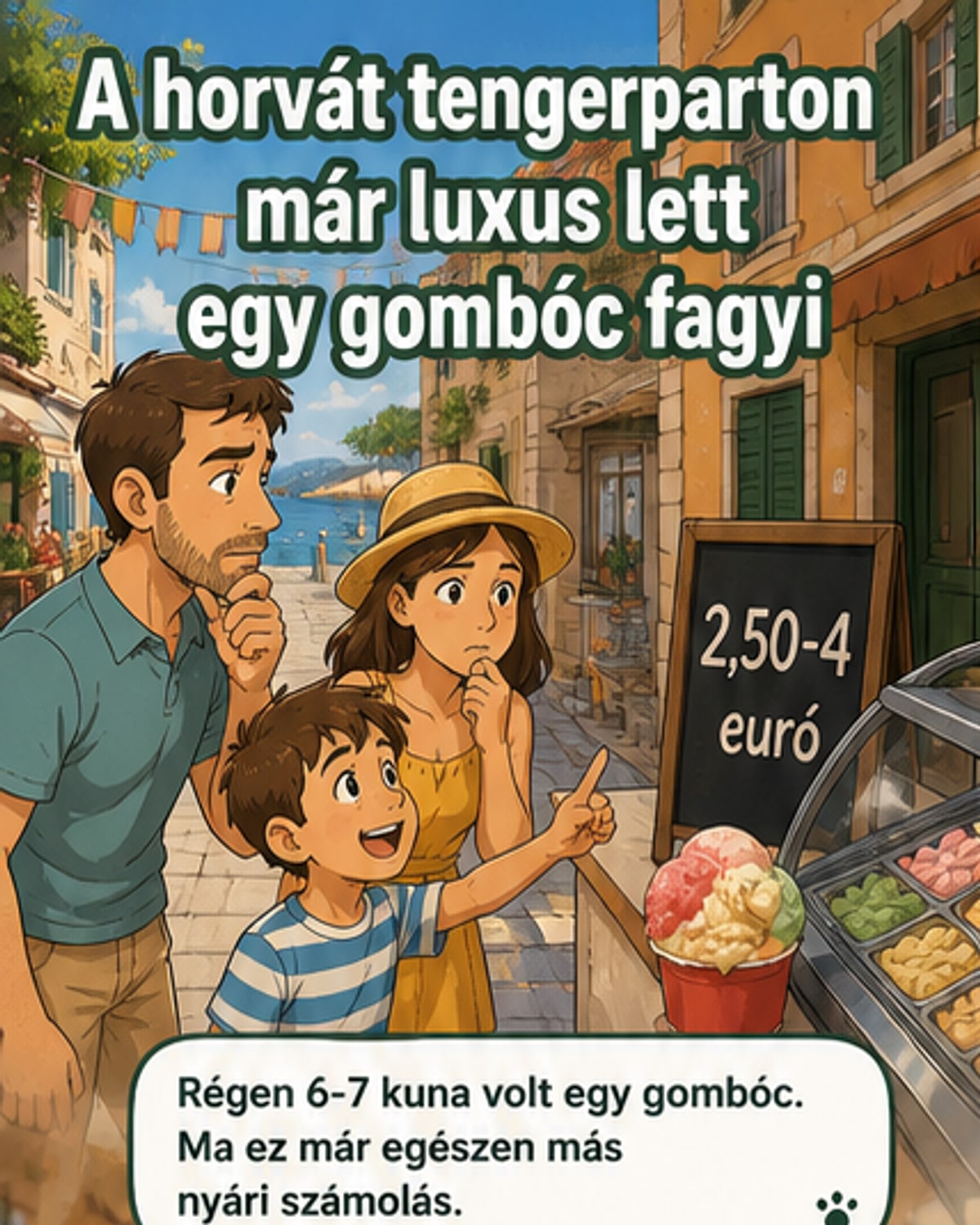 Illusztráció: egy fagylaltos árus a tengerparton, előtte sorban állnak a vásárlók, a képernyő alján piros felirat: 'Fagylalt most már luxus?'