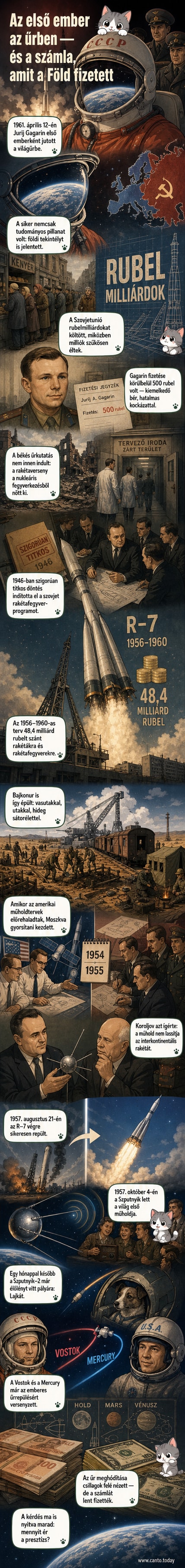 Rajzolt jelenet: Jurij Gagarin űrruhában, a Bajkonur űrközpont előtt, háttérben rakéták és űrhajósok.