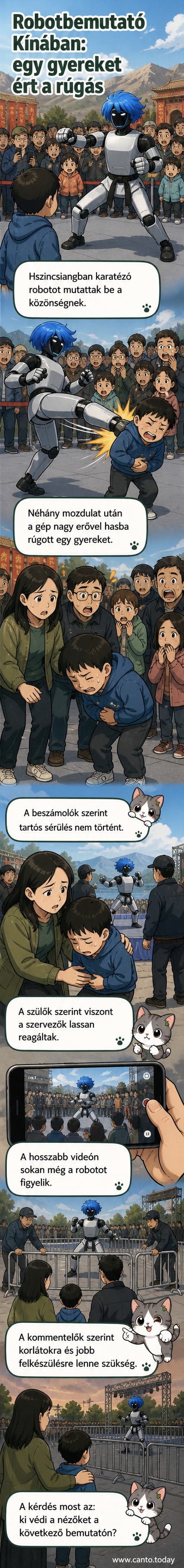 Illusztráció: kék parókás humanoid robot karatémozdulatot hajt végre, előtte gyerek áll, a háttérben közönség.
