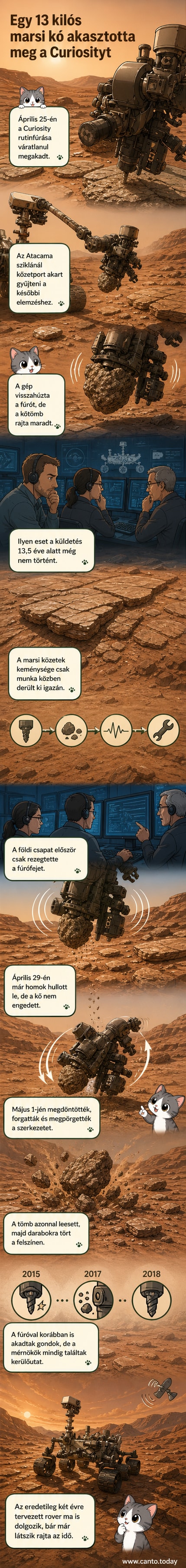 A Curiosity marsjáró a Mars felszínén, fúrójához tapadó nagy sziklatömbbel