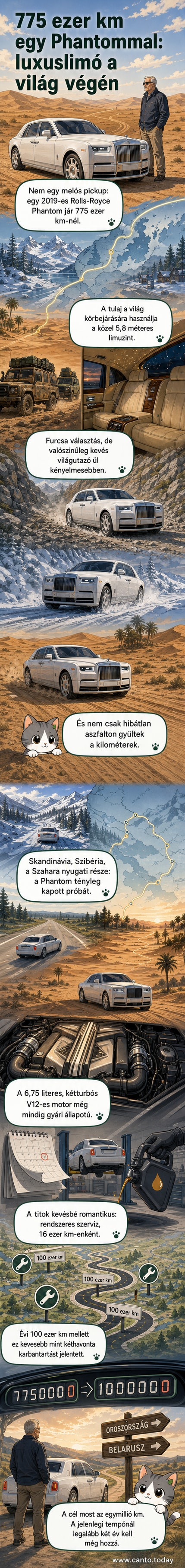 Egy fekete Rolls-Royce Phantom poros sivatagi úton, hátul a Szahara homokdűnéi láthatók.