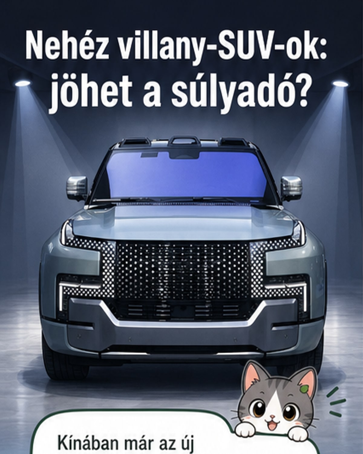 Egy elektromos terepjáró áll egy digitális súlymérőn, mögötte kínai városi környezet látható, a kép stílusa futurisztikus, de valósághű.