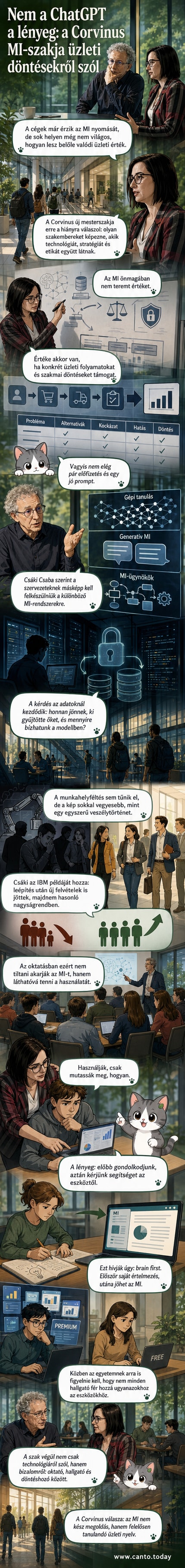 Két egyetemi oktató, Vas Réka és Csáki Csaba áll egy táblánál, ahol mesterséges intelligenciáról és döntéstámogatásról látható ábra.
