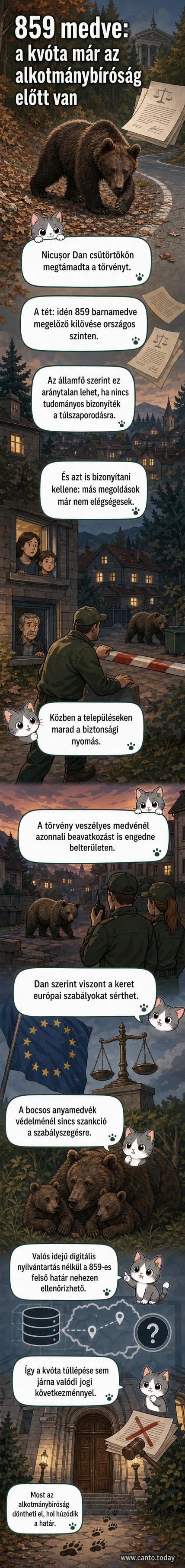 Képregény-stílusú illusztráció: Románia államfője áll egy törvénykönyv előtt, mögötte barna medve alakja látszik, egyik kezében ló, másikban jogi dokumentum.