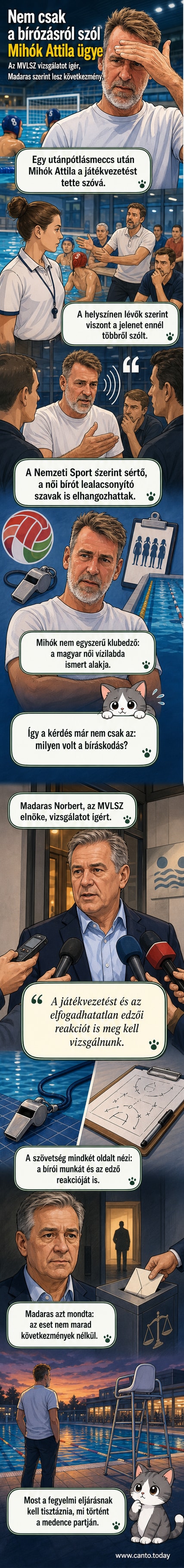 Mihók Attila vízilabda-edző dühösen beszél, Madaras Norbert vízilabda-szövetségi elnök pedig komoly arccal nyilatkozik a kamera előtt