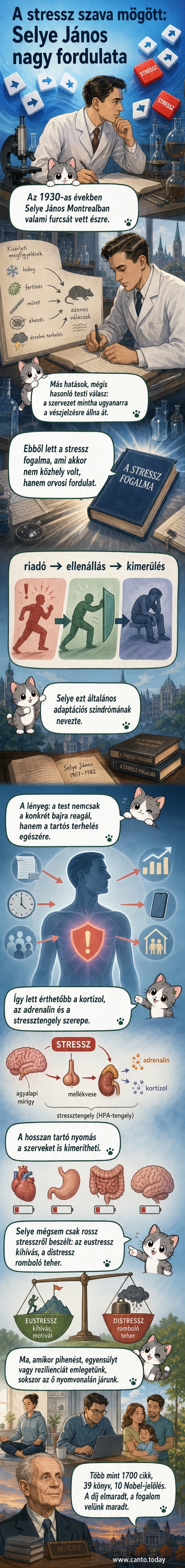 Rajzolt portré: Selye János laborban, patkányokkal és grafikonokkal körülötte, a stressz biológiai hatásait vizsgálva
