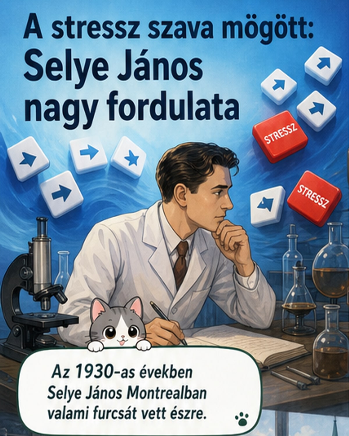 Rajzolt portré: Selye János laborban, patkányokkal és grafikonokkal körülötte, a stressz biológiai hatásait vizsgálva