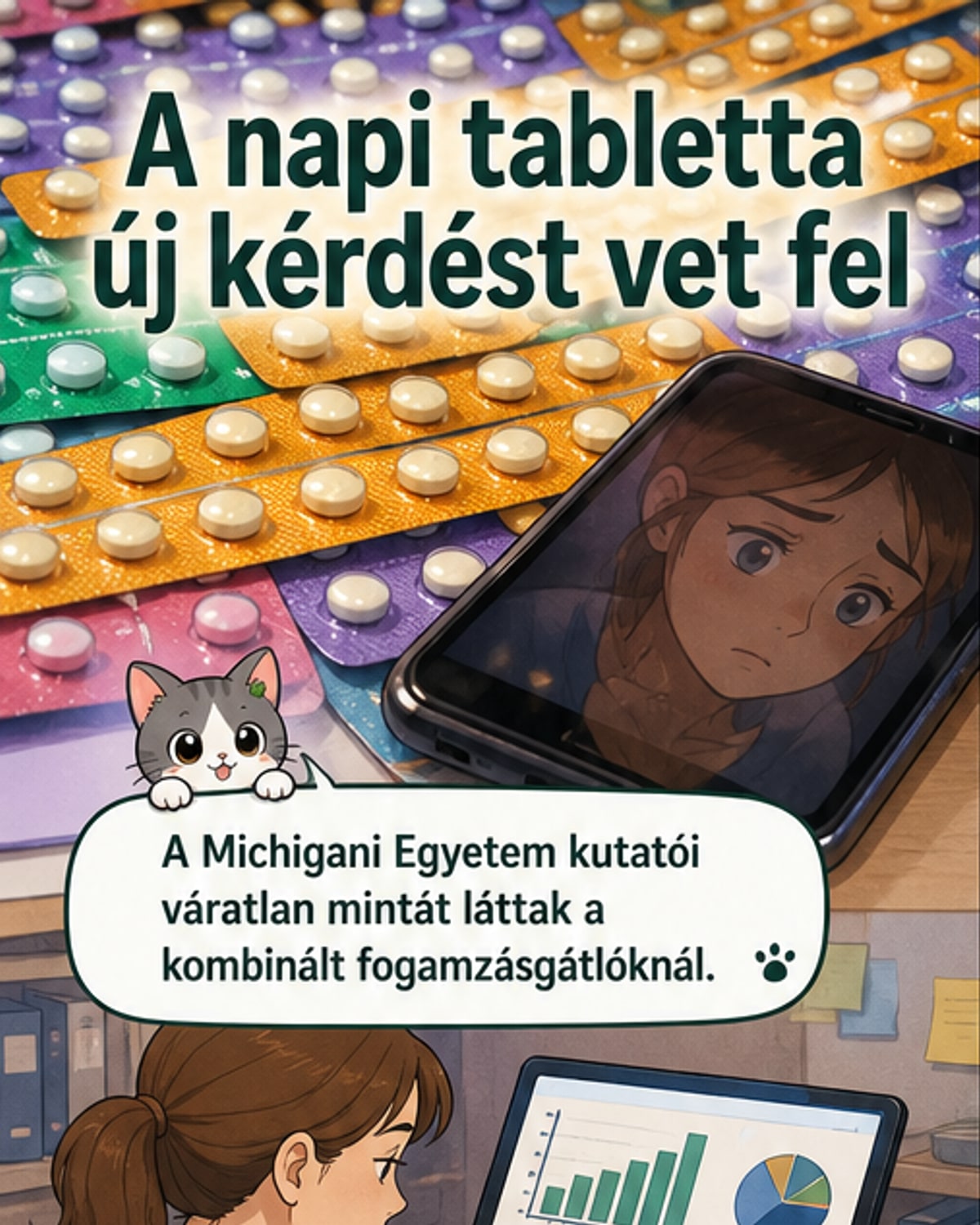 Női figura mellett két gondolatbuborék: az egyikben étel, a másikban hormonok és naptári ikonok, szimbolizálva a fogamzásgátlók és az érzelmi evés kapcsolatát.