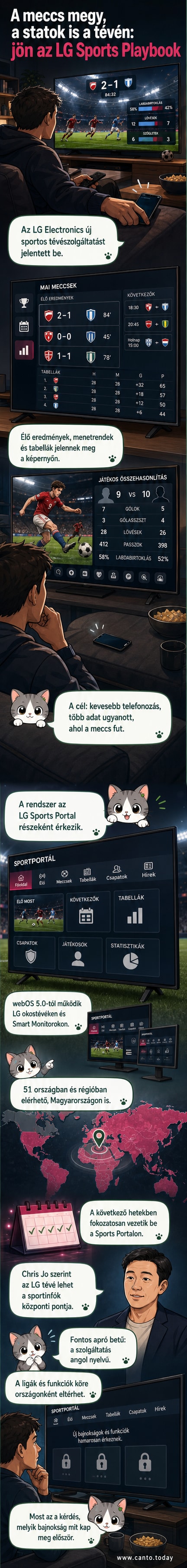 LG okostévé képernyőjén élő sportstatisztikák és bajnoki tabella jelenik meg egy focimeccs közvetítése mellett