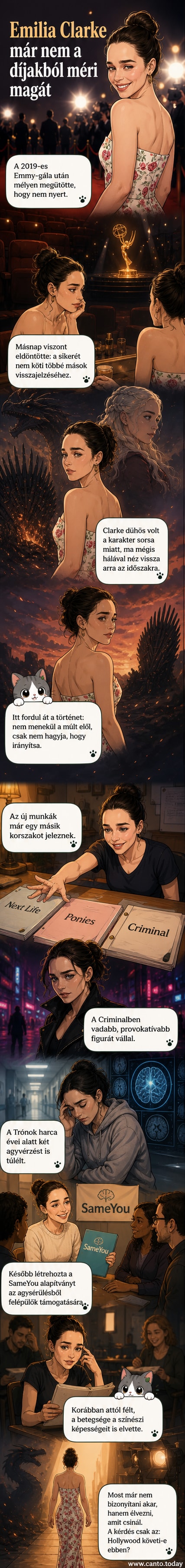 Emilia Clarke mosolyogva áll kamerák előtt, fekete haja vállára omlik, elegáns ruhát visel, háttérben vörös szőnyeg