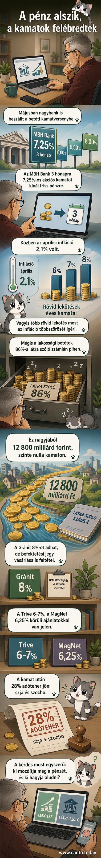 Két ember áll egy bank előtt, az egyik kezében pénzcsomagot tart, a másik egy táblára írt 8%-os kamatot mutat. A háttérben növekvő grafikon látható.
