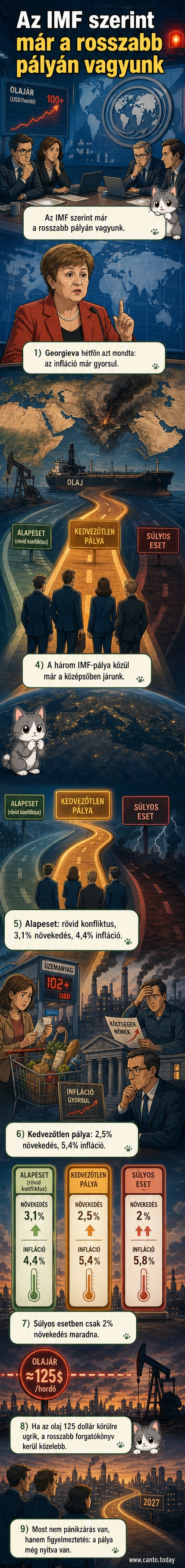 Kép: Világtérkép, a Közel-Keleten piros nyíllal jelölt konfliktusövezet, mellette olajoshordó és esőfelhő, hátul pár törött gazdasági növekedési görbe.