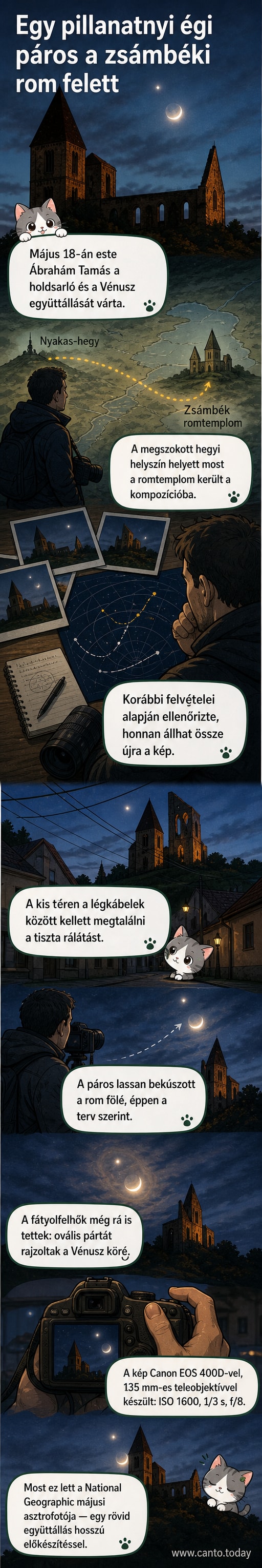 Holdsarlu és Vénusz a zsámbéki romtemplom felett, fátyolfelhőkkel körülvéve, éjszakai égbolton