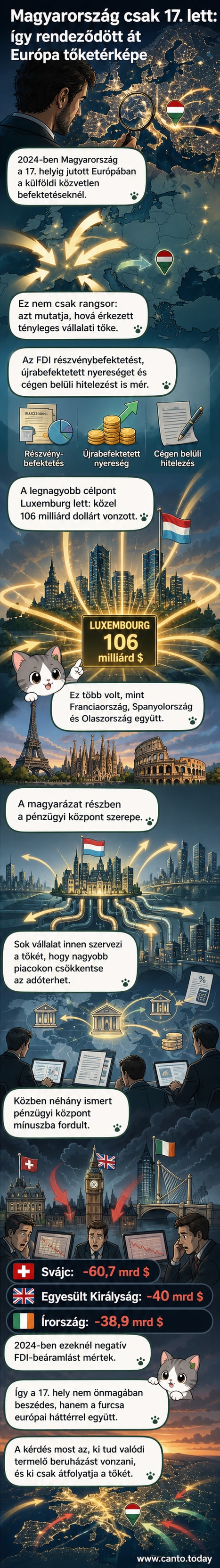Európai országok térképe, ahol Luxemburg, Svájc és Írország kiemelve van a külföldi befektetések vonzása és kivonulása kontextusában