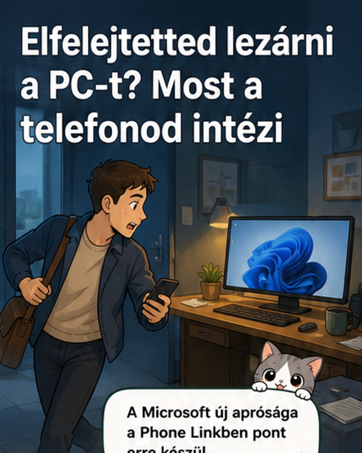 Egy okostelefon képernyőjén a 'Lock PC' gomb megnyomásra kész, mögötte Windows 11-es számítógép látható.