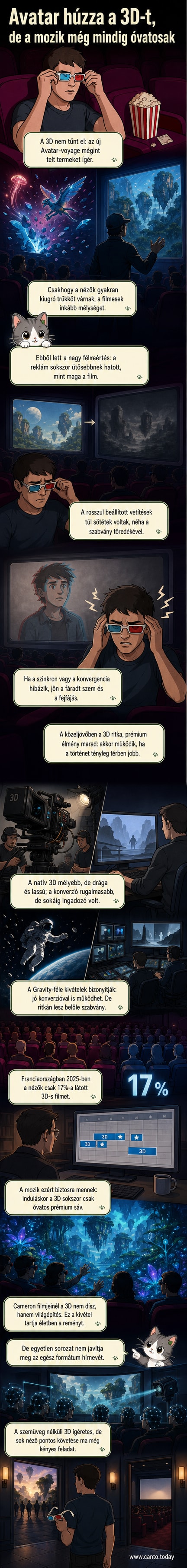 3D-s szemüveg egy moziülésen, előtte Avatar-stílusú alien táj, a háttérben homályosan mozgó filmvetítő fénye