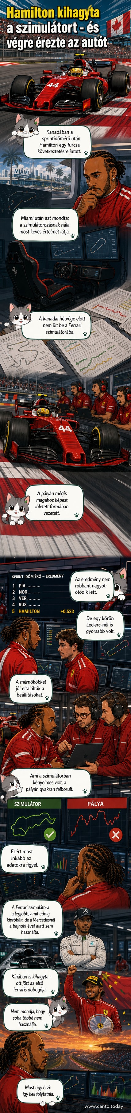 Lewis Hamilton a Ferrari versenyautójában ül, a kanadai pályán, háttérben nézőkkel és csapatberendezésekkel.