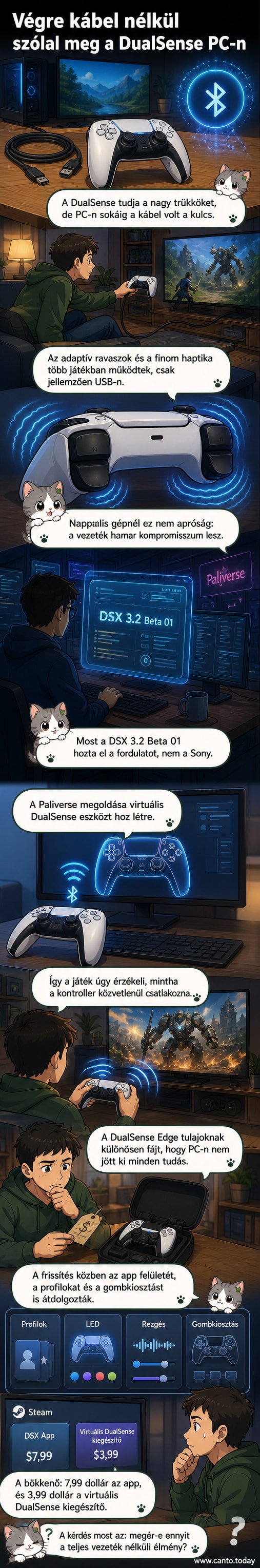 PlayStation 5 DualSense kontroller Bluetoothon csatlakozik egy PC-hez, miközben a képernyőn megjelenik a DSX alkalmazás új profilkezelő felülete