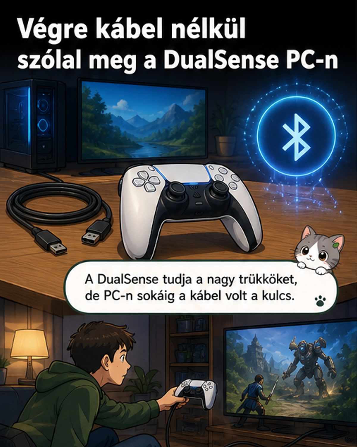 PlayStation 5 DualSense kontroller Bluetoothon csatlakozik egy PC-hez, miközben a képernyőn megjelenik a DSX alkalmazás új profilkezelő felülete