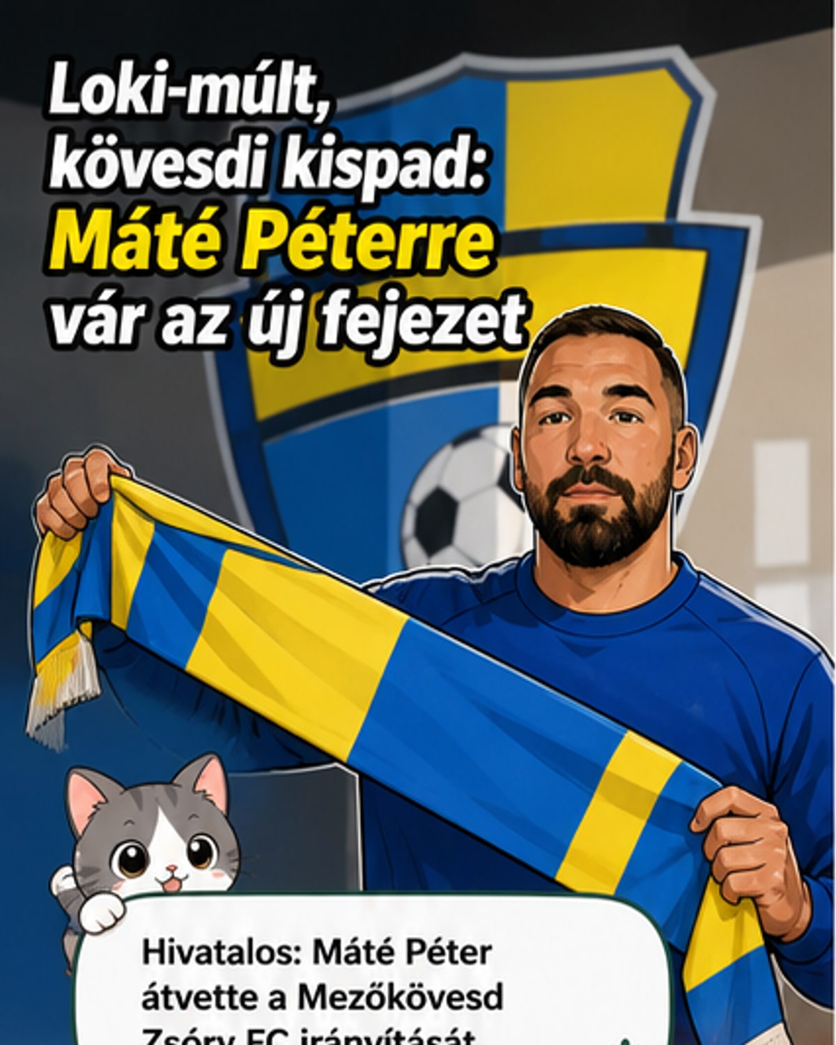 Máté Péter, a Mezőkövesd új edzője, edzői ünnepi megbízásának napján a klub színeiben áll, háttérben stadion.