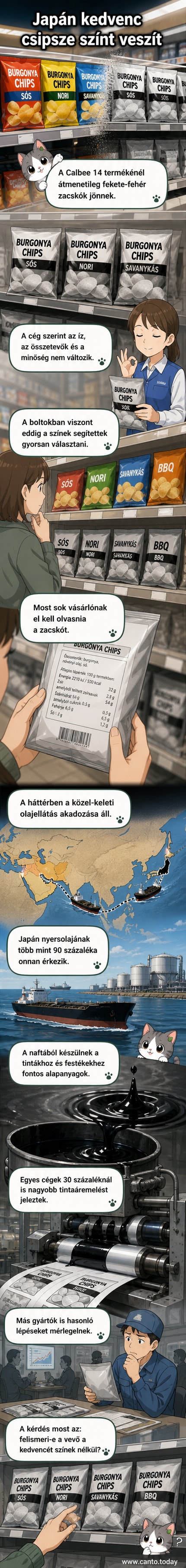 Fekete-fehér csipszcsomagok sorakoznak polcon, a Calbee logóval, a háttérben olajfoltos tengeri szállítóhajók.