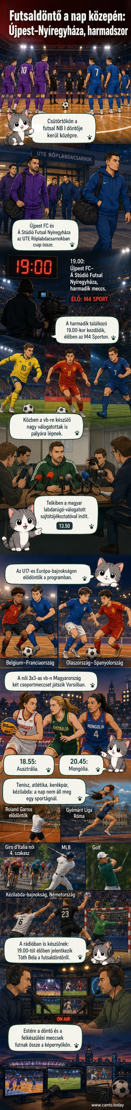 Két futsalcsapat játékosai egymással szemben állnak a pályán, a háttérben lelkes szurkolók, a stadion kivetítőjén a meccs állása látható.