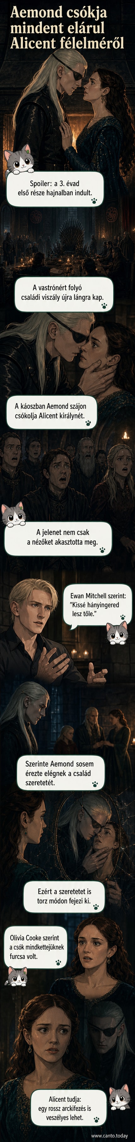 Sötét, drámai jelenet: Aemond herceg szájon csókolja anyját, Alicent királynét, aki döbbenten és visszahőkölve reagál a kastély félhomályában.