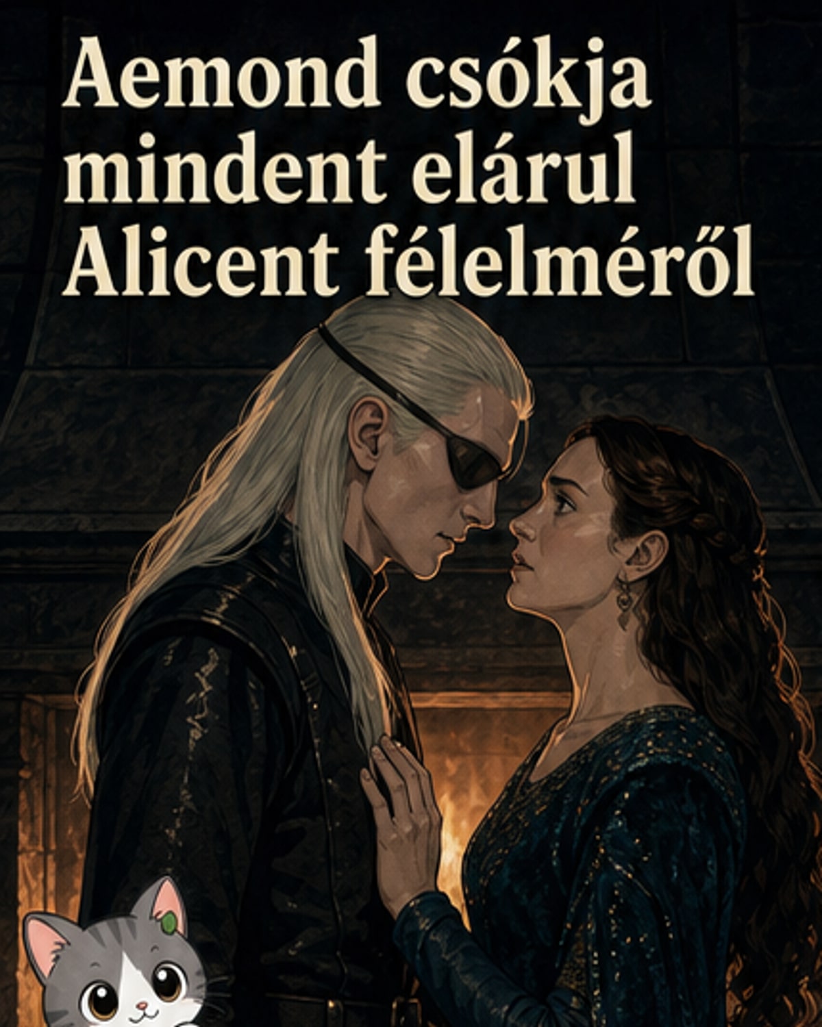 Sötét, drámai jelenet: Aemond herceg szájon csókolja anyját, Alicent királynét, aki döbbenten és visszahőkölve reagál a kastély félhomályában.