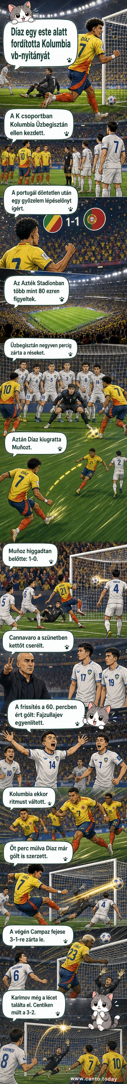 Mexikóvárosi stadionban zajló vb-meccs, Luis Díaz ünnepli gólját, kolumbiai szurkolók lobogókkal