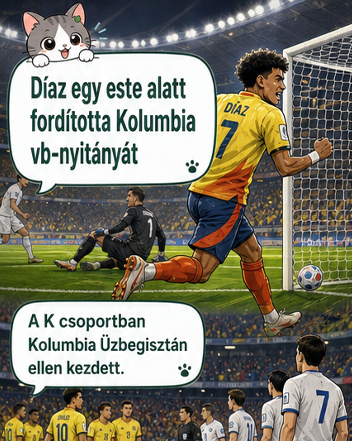 Mexikóvárosi stadionban zajló vb-meccs, Luis Díaz ünnepli gólját, kolumbiai szurkolók lobogókkal