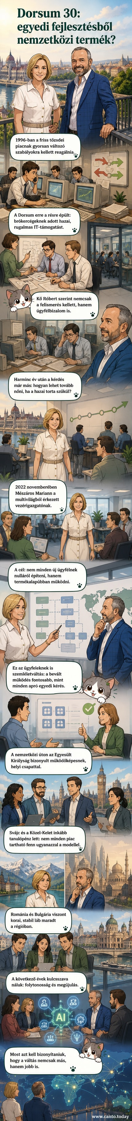A Dorsum logója mellett pénzügyi diagramok és világtérkép látható, amelyen Magyarország, Egyesült Királyság és Románia kiemelve van – a cég nemzetközi növekedését szimbolizálja.