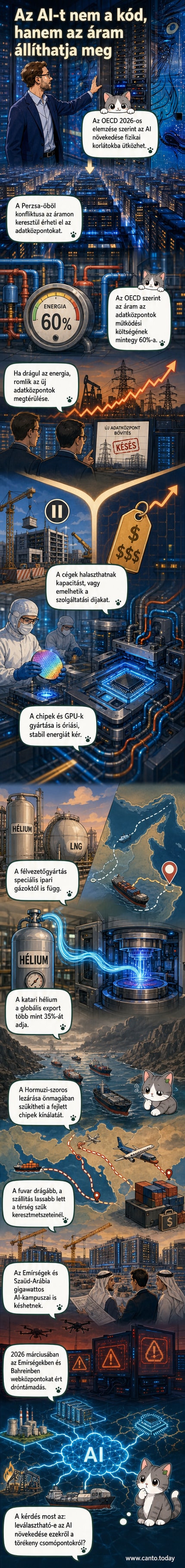 Illusztráció: mesterséges intelligencia chipjei és adatközpontjai, amelyeket földgázvezetékek, hajók és drónok környeznek, jelezve a fizikai és geopolitikai függőségeket.