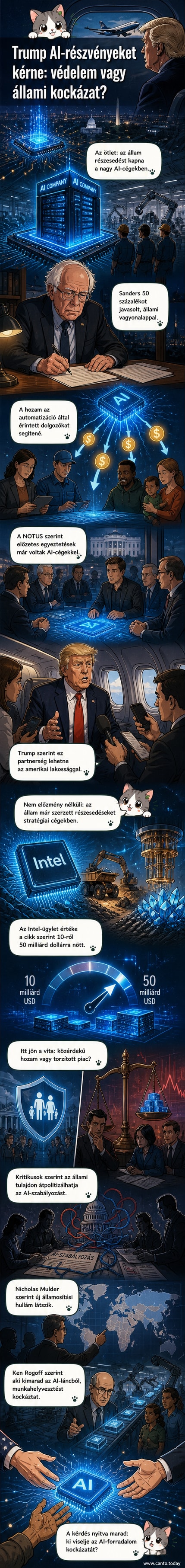 Illusztráció: Donald Trump digitális AI áramkörök között áll, kezében papírral, amelyen '50% állami részesedés' felirat látható.