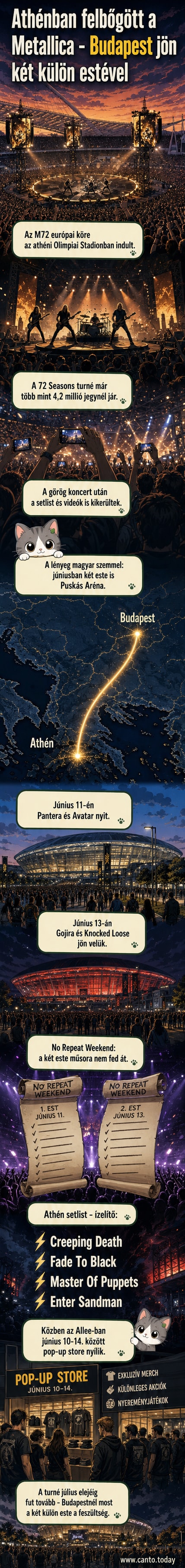 A Metallica tagjai a színpadon, mögöttük lángok és dinamikus fényeffektek, az Olimpiai Stadionban Athénban.