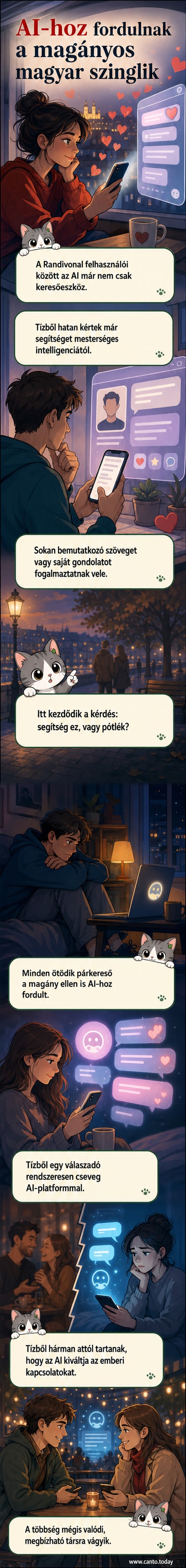 Illusztráció: egy magányos ember ül a sötétben, kezében okostelefonnal, és egy AI-avatár mosolyog rá a képernyőn.