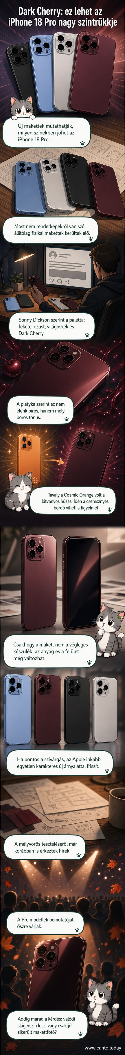 iPhone 18 Pro makettek négy színben: világoskék, fekete, ezüst és sötétbordó Dark Cherry.
